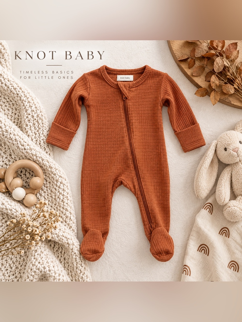 Knot Baby Rust Ribbed Footed Romper Zipper Sleeper Infant Unisex Fall Cozy Wear